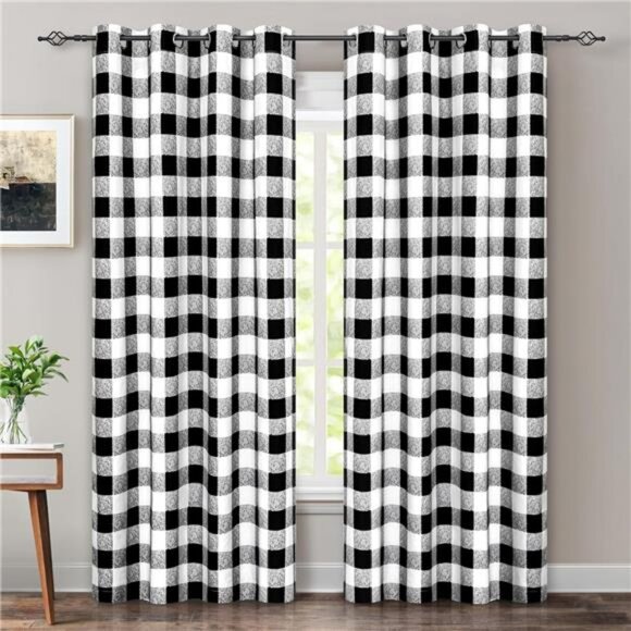Buffalo Plaid Check Curtains Blackout Room Darkening Thermal Insulated Black - Picture 1 of 7